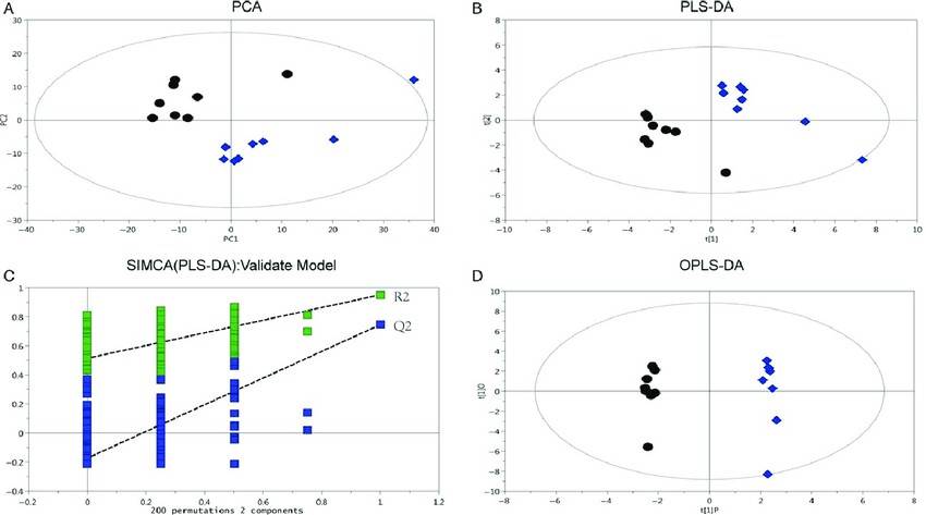 Score plots of PCA, PLS-DA, and OPLS-DA based on the metabolite profile data of HCC and wild-type liver tissues.