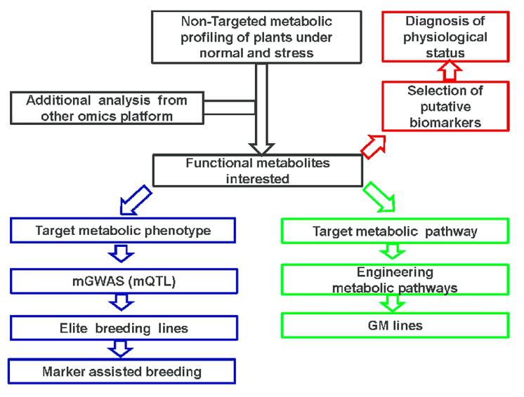 The schematic presentation of plant metabolomics and its application in plant improvement.